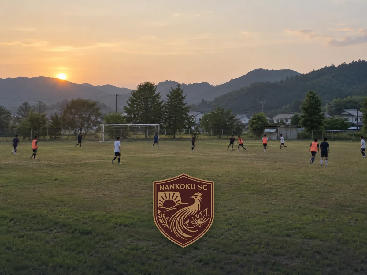 南国SCのエンブレムと、中学生年代の練習風景